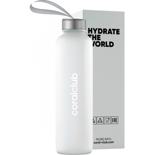 Productos deportivos: Botella de vidrio «Hydrate the World» (Coral Club)